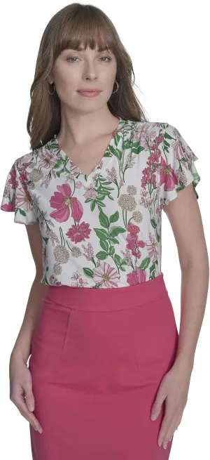 Tommy Hilfiger Women's Short Flutter Sleeve V-Neck Top