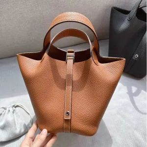 Top Grain Leather Inspired Pictin Lock Bag | Silver/Gold-tone Hardware