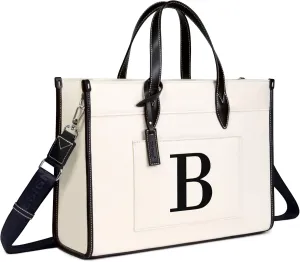 TOPDesign Initial 15.6" Laptop Tote Bag for Women, Personalized Canvas Work Purse, Business Briefcase & Office Handbag