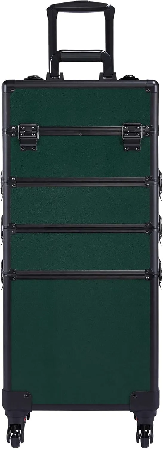 Topeakmart Rolling Makeup Case Large, 4 in 1 Professional Makeup Train Case, Cosmetic Storage Organizer Cosmetic Travel Case with Folding Trays, Wheels and Aluminum Frame, Dark Green