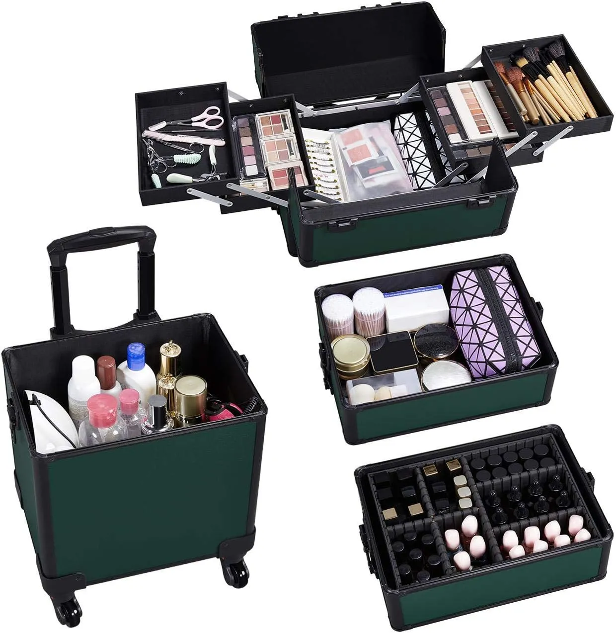Topeakmart Rolling Makeup Case Large, 4 in 1 Professional Makeup Train Case, Cosmetic Storage Organizer Cosmetic Travel Case with Folding Trays, Wheels and Aluminum Frame, Dark Green