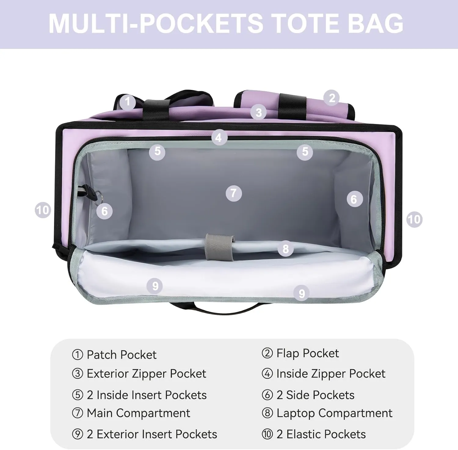Tote Bag, Work Bags for Women with 15 Pockets, Large Tote Bag with Zipper for Teacher Nurse, Laptop Handbags for Women, Carry on Bag, Purple