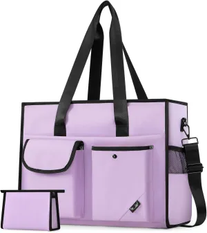 Tote Bag, Work Bags for Women with 15 Pockets, Large Tote Bag with Zipper for Teacher Nurse, Laptop Handbags for Women, Carry on Bag, Purple