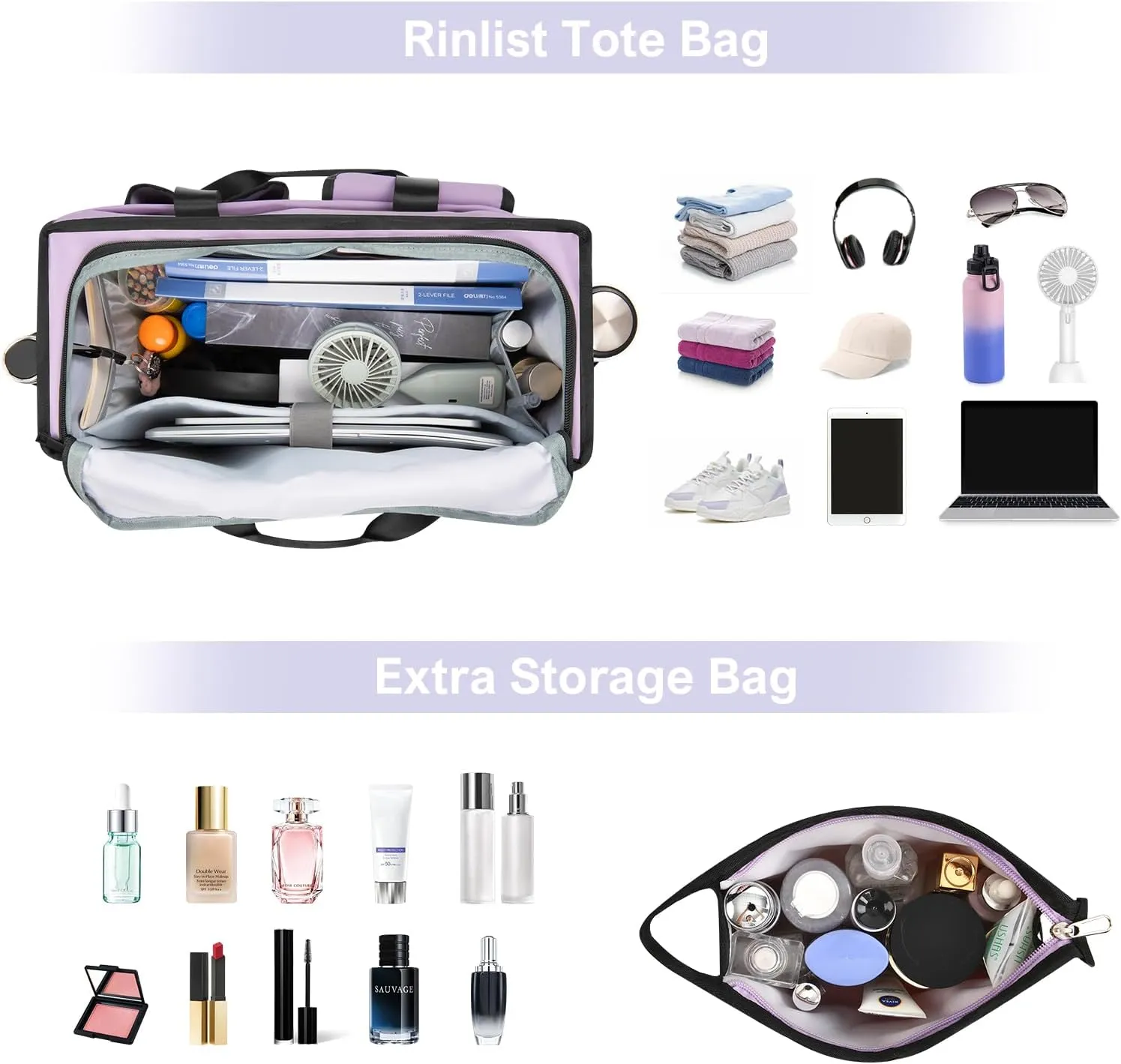 Tote Bag, Work Bags for Women with 15 Pockets, Large Tote Bag with Zipper for Teacher Nurse, Laptop Handbags for Women, Carry on Bag, Purple