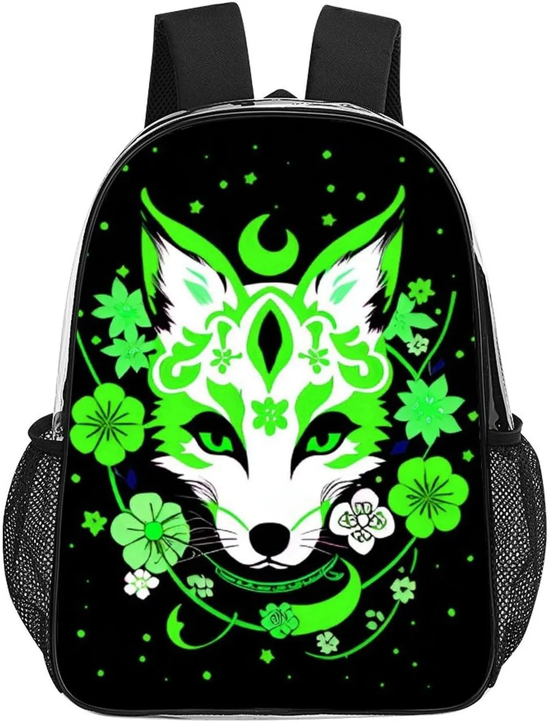 Transparent Daypack Bookbag for Gym Business Bicycle - Large Capacity Multipurpose Anti-Theft Carry On Bag, Japanese Kitsune Fox Magical Flowers Art Travel Hiking Daypack
