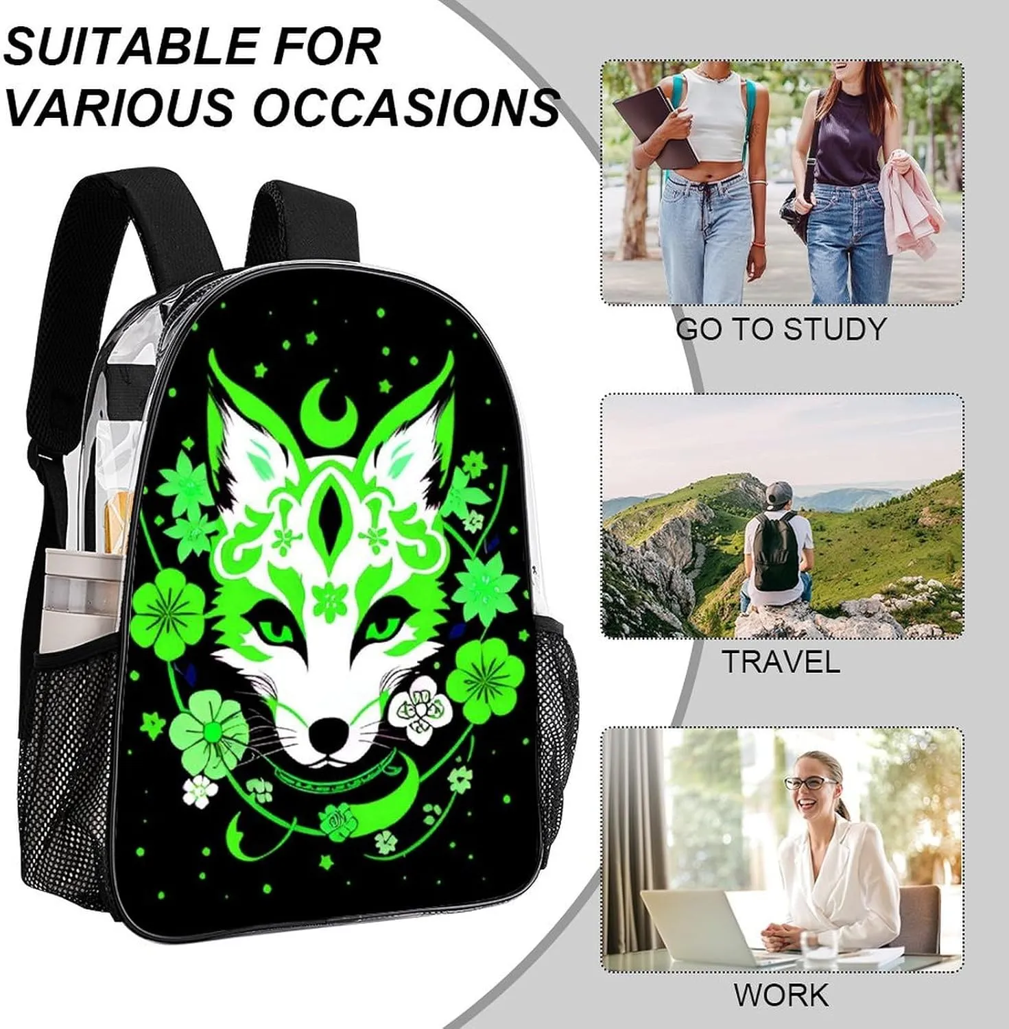 Transparent Daypack Bookbag for Gym Business Bicycle - Large Capacity Multipurpose Anti-Theft Carry On Bag, Japanese Kitsune Fox Magical Flowers Art Travel Hiking Daypack