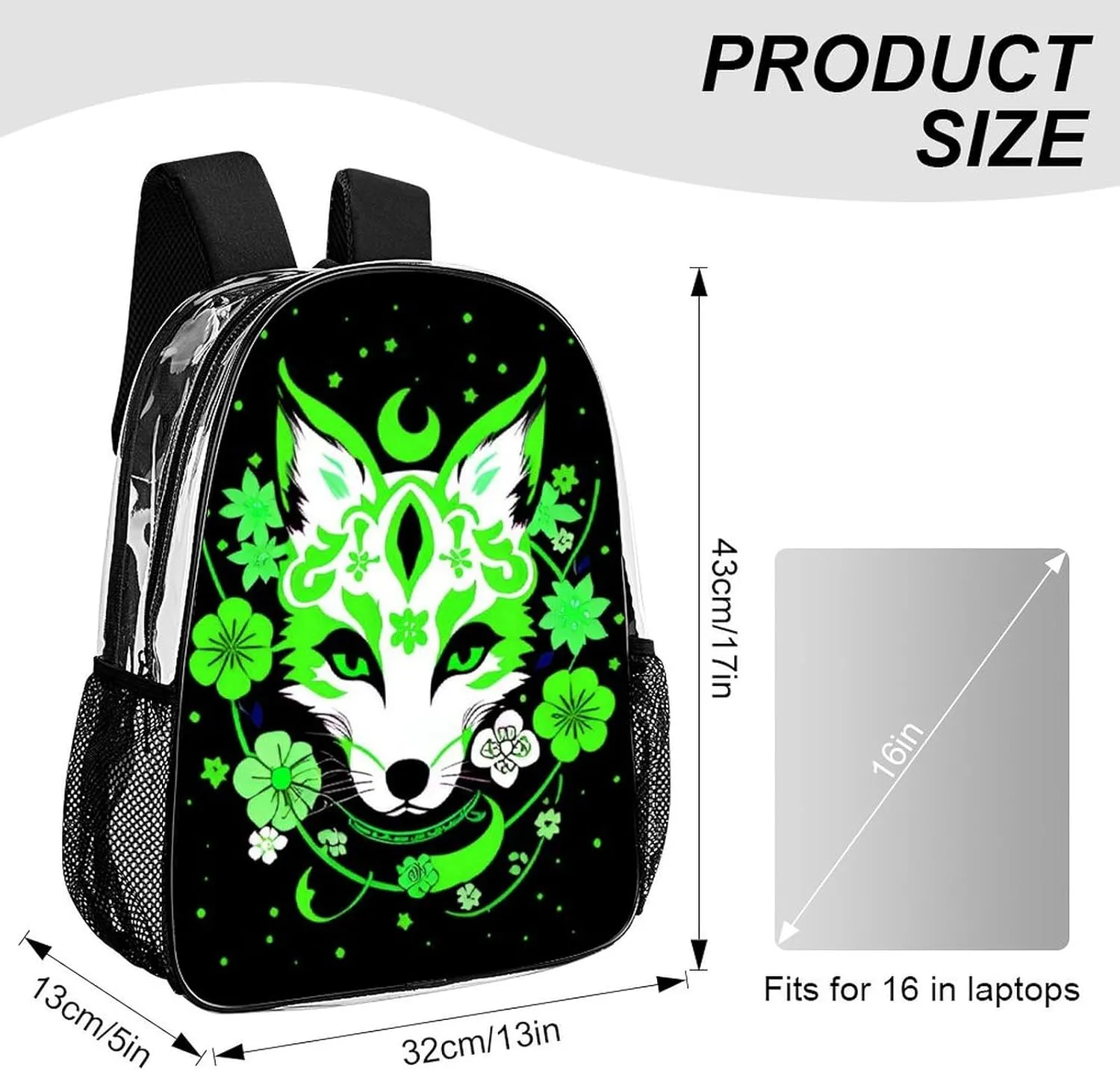 Transparent Daypack Bookbag for Gym Business Bicycle - Large Capacity Multipurpose Anti-Theft Carry On Bag, Japanese Kitsune Fox Magical Flowers Art Travel Hiking Daypack