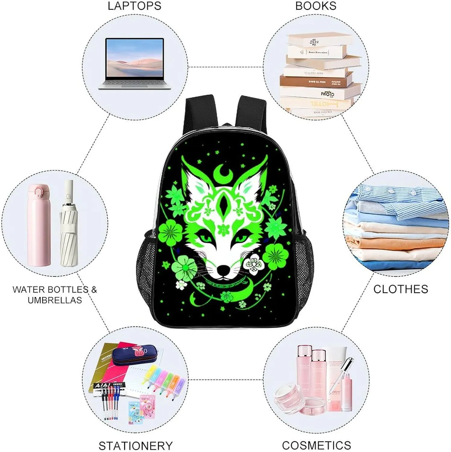 Transparent Daypack Bookbag for Gym Business Bicycle - Large Capacity Multipurpose Anti-Theft Carry On Bag, Japanese Kitsune Fox Magical Flowers Art Travel Hiking Daypack