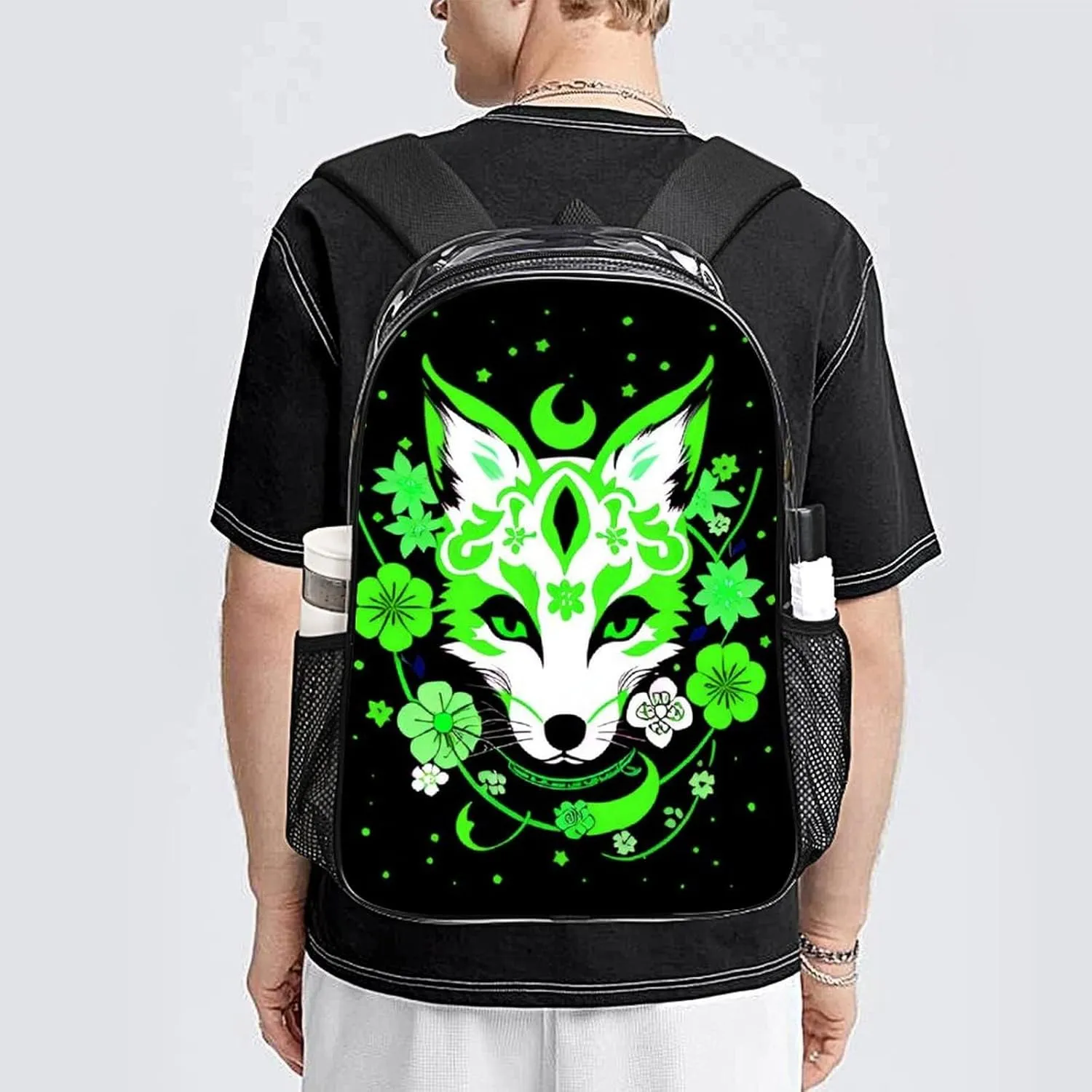 Transparent Daypack Bookbag for Gym Business Bicycle - Large Capacity Multipurpose Anti-Theft Carry On Bag, Japanese Kitsune Fox Magical Flowers Art Travel Hiking Daypack