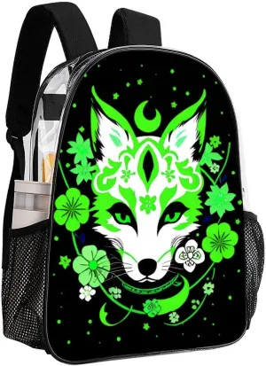 Transparent Daypack Bookbag for Gym Business Bicycle - Large Capacity Multipurpose Anti-Theft Carry On Bag, Japanese Kitsune Fox Magical Flowers Art Travel Hiking Daypack