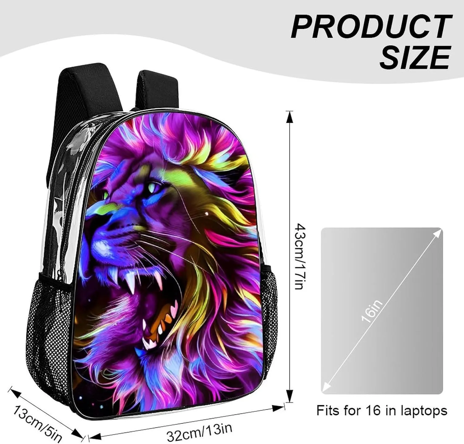 Transparent Daypack Bookbag for Gym Business Bicycle - Large Capacity Multipurpose Anti-Theft Carry On Bag, Lion Howling Art Travel Hiking Daypack