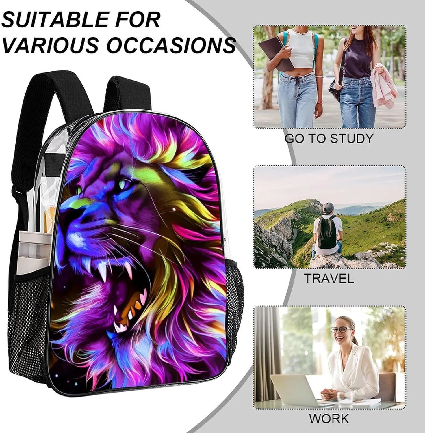 Transparent Daypack Bookbag for Gym Business Bicycle - Large Capacity Multipurpose Anti-Theft Carry On Bag, Lion Howling Art Travel Hiking Daypack
