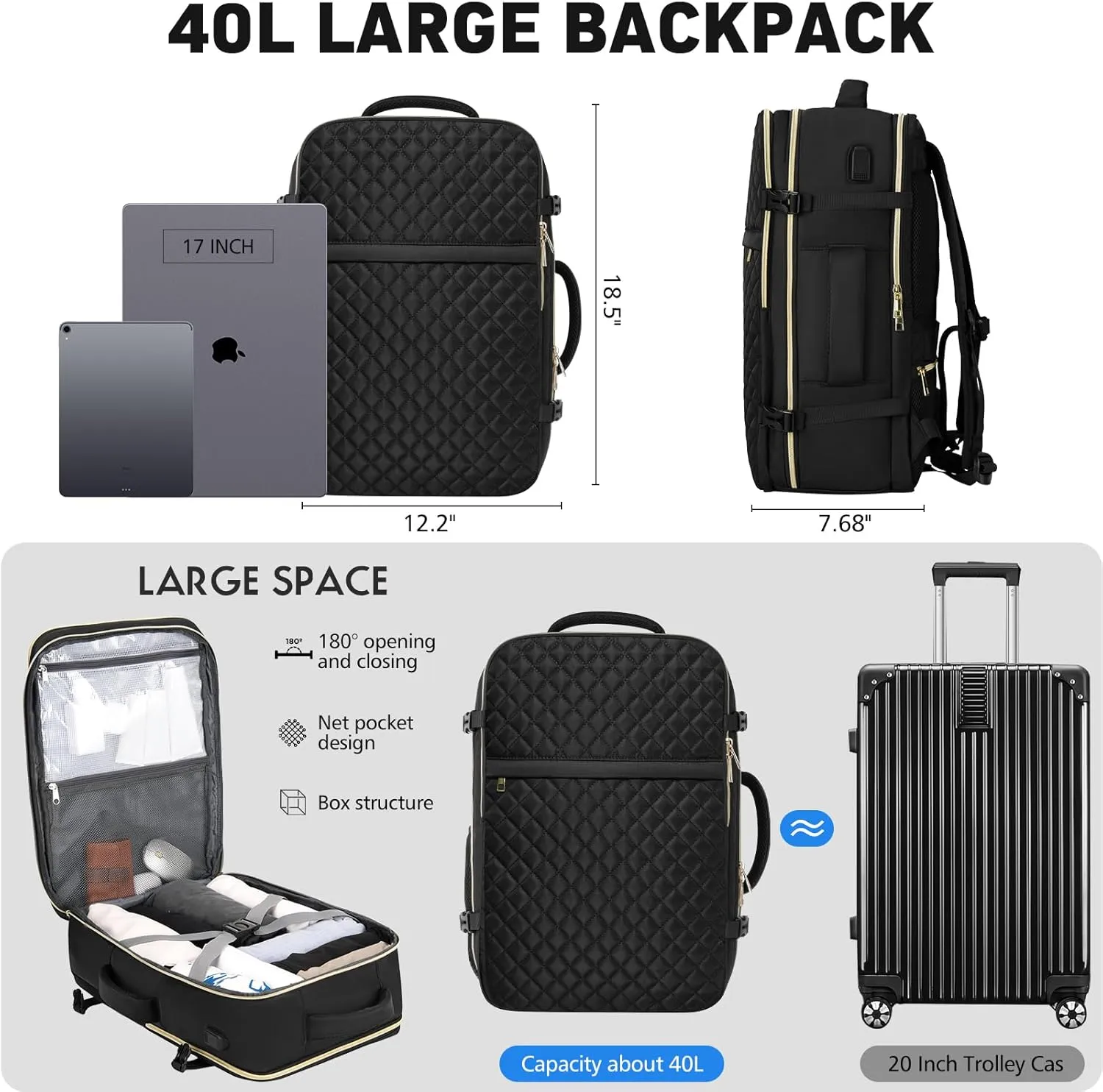Travel Backpack for Women, Flight Approved Carry On Backpack, Large 40L Suitcase Backpacks with 3 Packing Cubes, Waterproof Luggage Bag Weekender Daypack Fit 17 Inch Laptop, Black