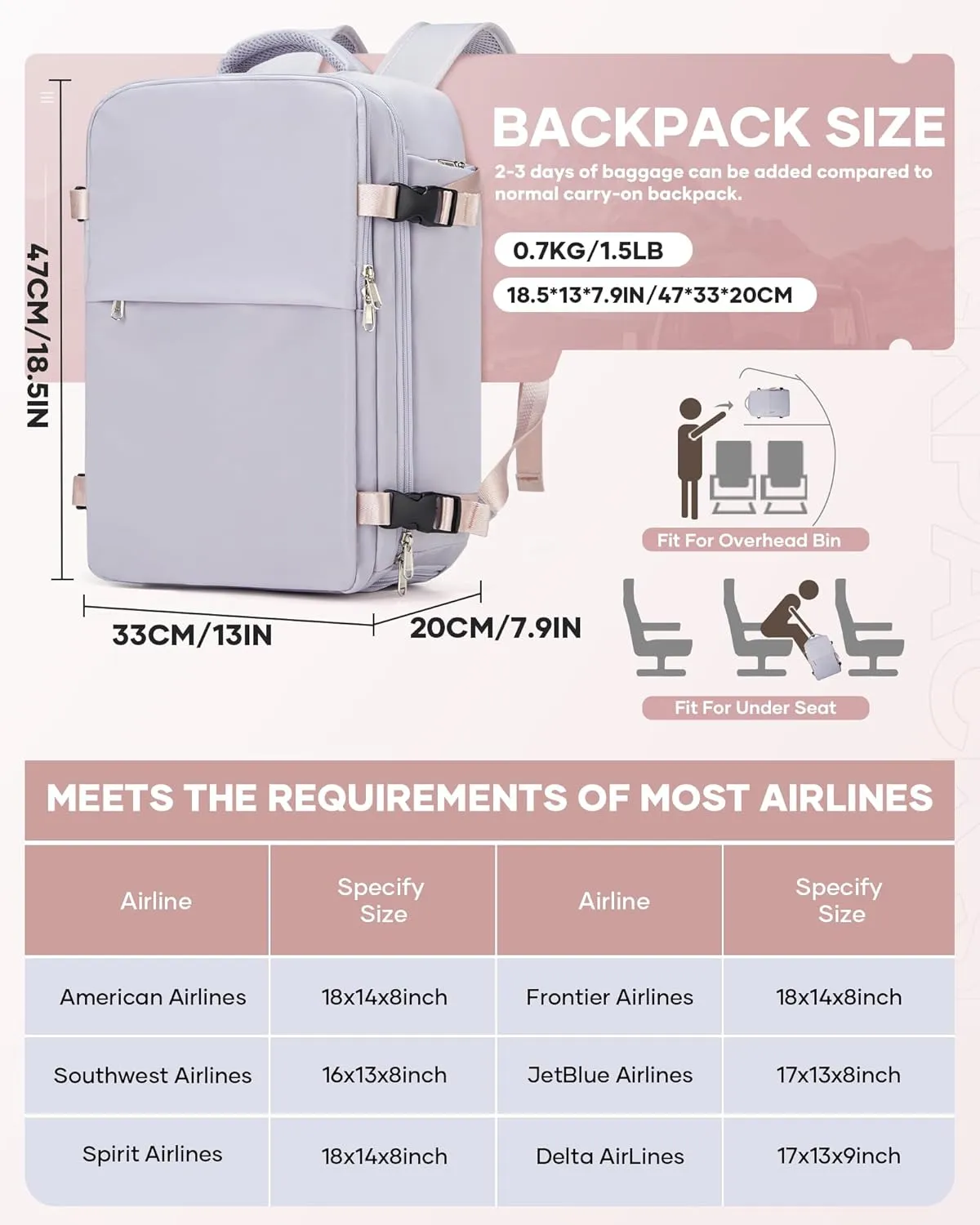 Travel Backpack Vacuum Compression,Vacuum Seal Backpack with Dry Wet Separated Pocket Shoe Compartment, 18.5x13x7.9IN Airback backpack, Laptop Backpacks,Hiking Bag (Light Purple)