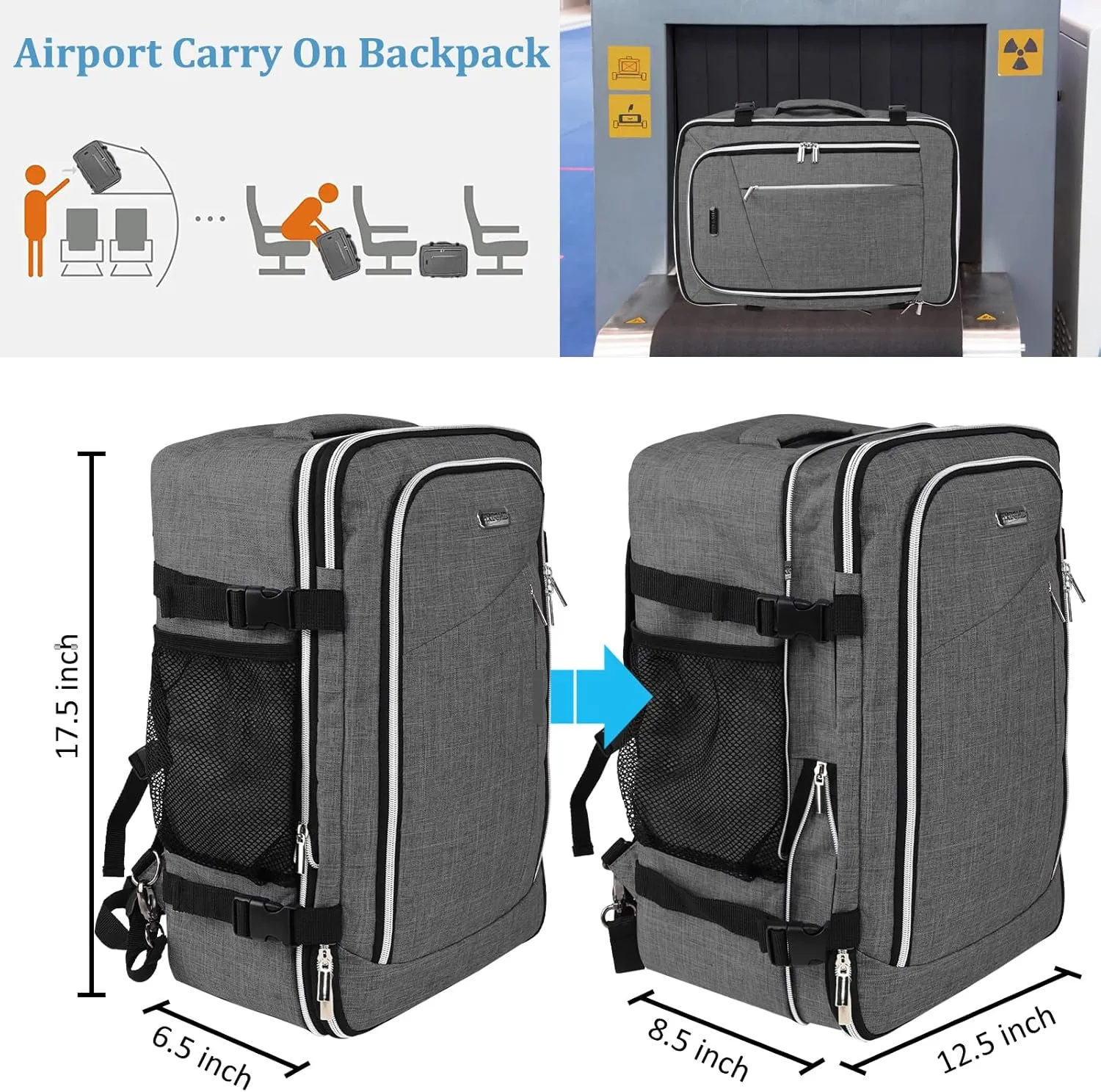 Travel Carry On 17.5" Laptop Expandable Backpack for Men Women, Personal Item Bag Waterproof Airline Approved with USB Charging Hole 3 Packing Cubes, Large Weekender Daypack Business Luggage Suitcase