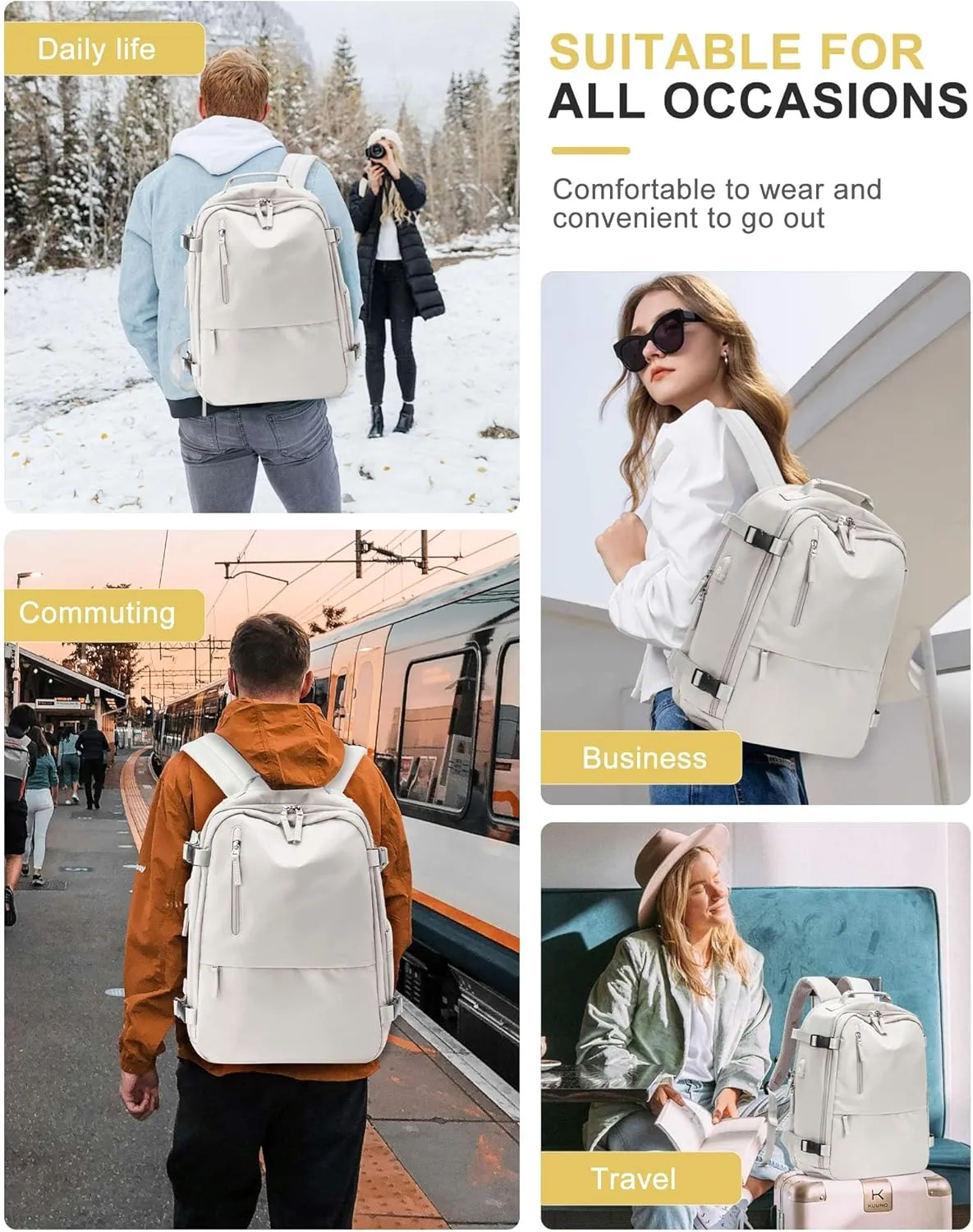 Travel Carry on Laptop Backpack for Women Men, Expandable Flight Approved Backpack, Waterproof Sports College bag Casual Daypack for Weekender Business Hiking with Shoe Compartment Beige