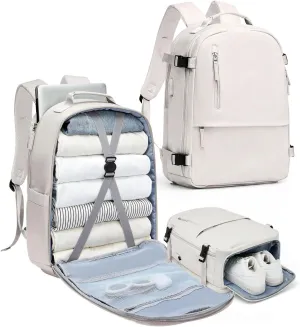 Travel Carry on Laptop Backpack for Women Men, Expandable Flight Approved Backpack, Waterproof Sports College bag Casual Daypack for Weekender Business Hiking with Shoe Compartment Beige