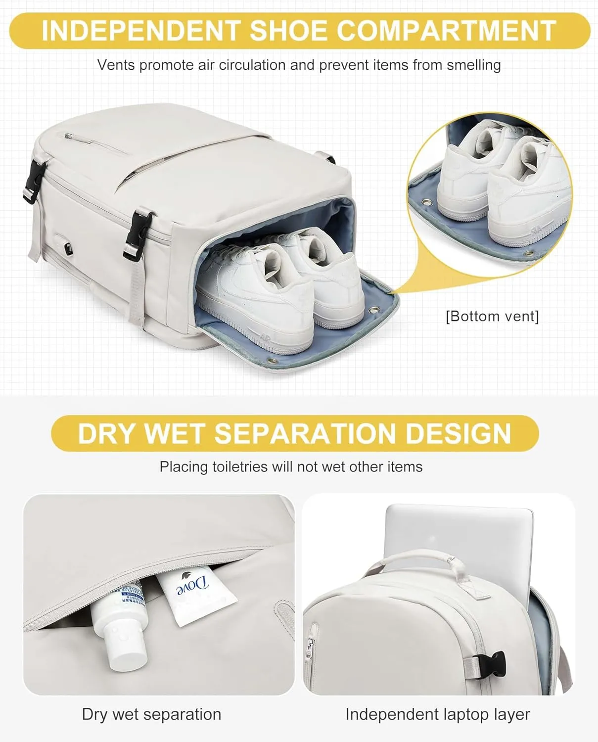 Travel Carry on Laptop Backpack for Women Men, Expandable Flight Approved Backpack, Waterproof Sports College bag Casual Daypack for Weekender Business Hiking with Shoe Compartment Beige