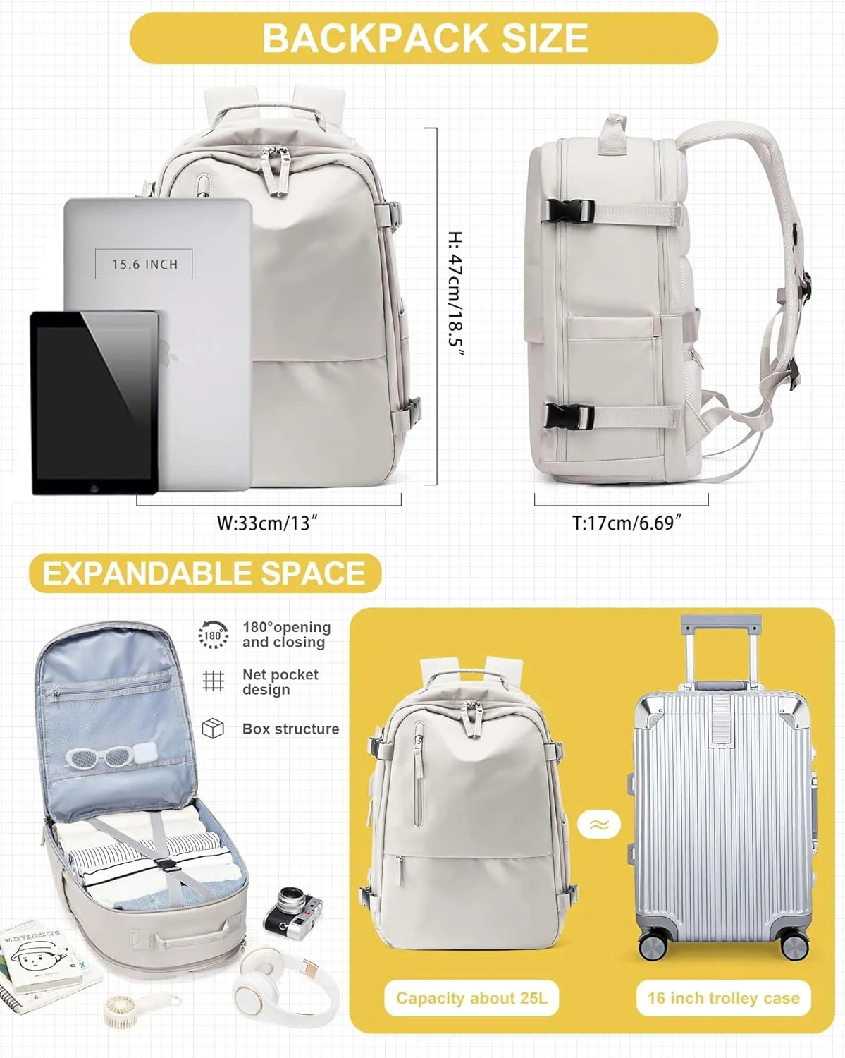 Travel Carry on Laptop Backpack for Women Men, Expandable Flight Approved Backpack, Waterproof Sports College bag Casual Daypack for Weekender Business Hiking with Shoe Compartment Beige