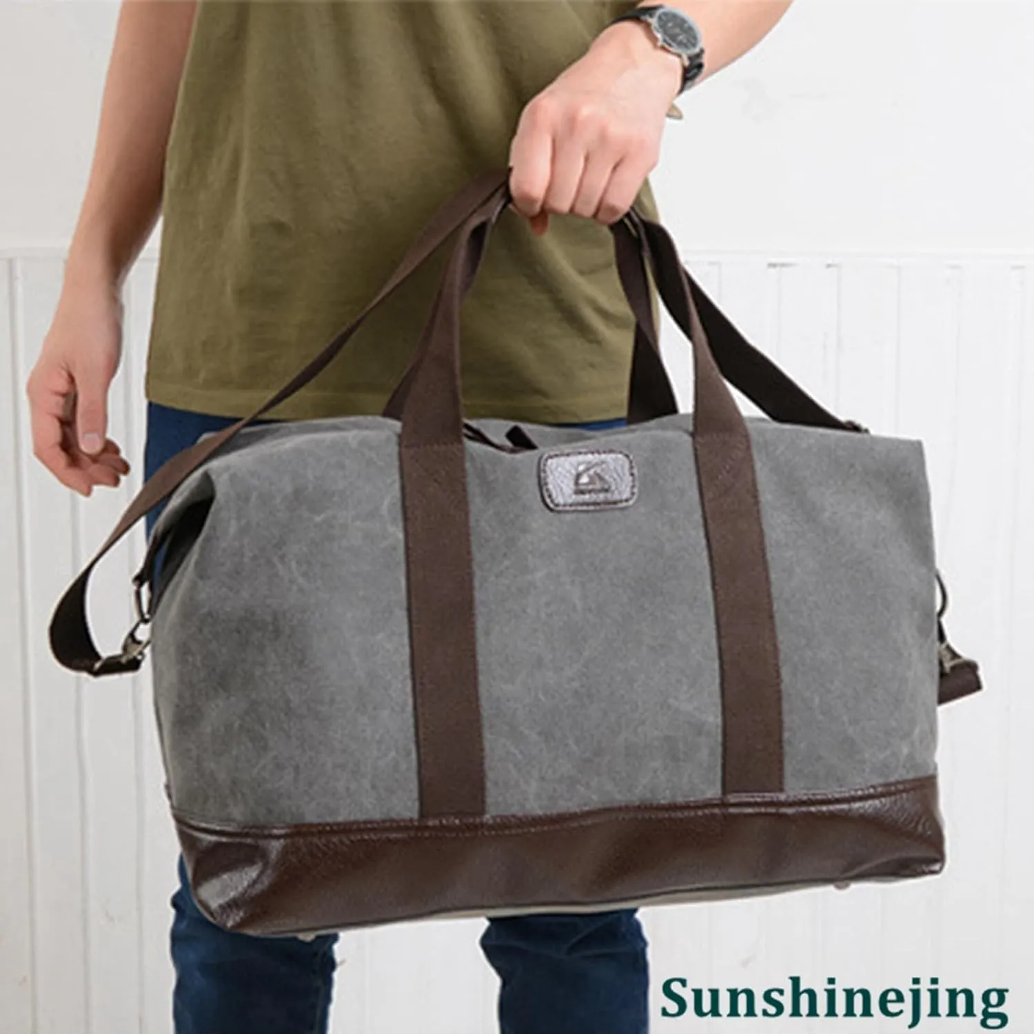 Travel Duffle Bag Canvas Leather Gym Weekend Bag (Grey)