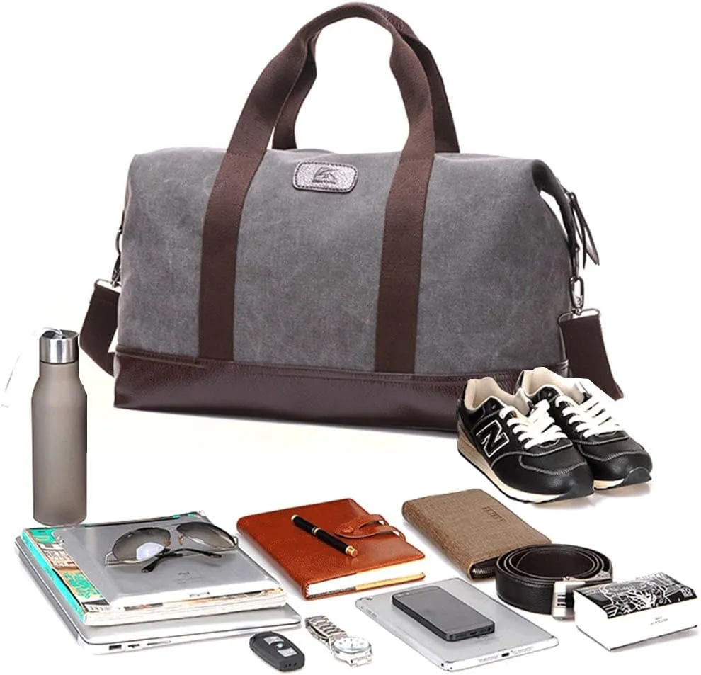 Travel Duffle Bag Canvas Leather Gym Weekend Bag (Grey)