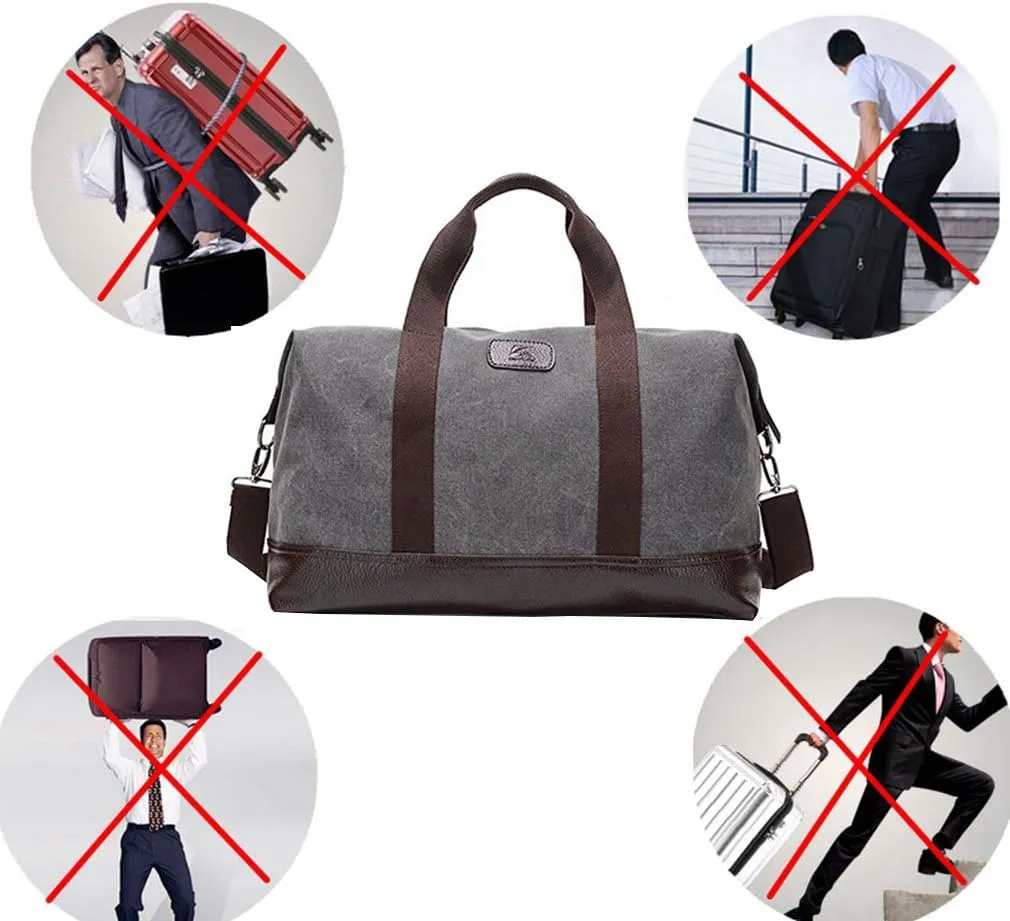Travel Duffle Bag Canvas Leather Gym Weekend Bag (Grey)