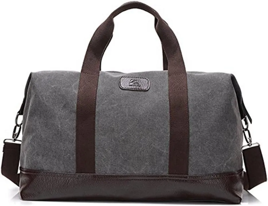 Travel Duffle Bag Canvas Leather Gym Weekend Bag (Grey)