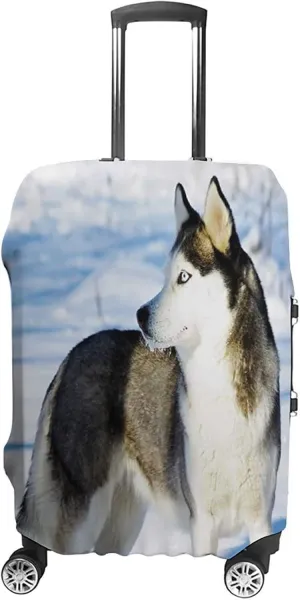 Travel Luggage Cover, Alaskan Malamute Luggage Cover Suitcase Protector, Chukchi Husky Breed Dog on Snow Rural, Fits 22-24 Inch Luggage, Travel Summer Beach Holiday, Black White Pale Blue