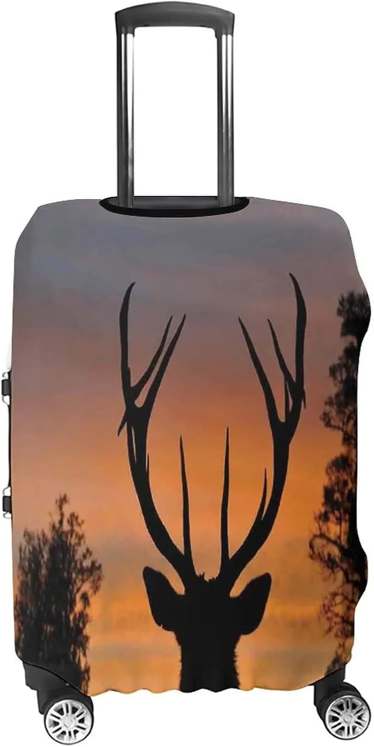 Travel Luggage Cover, Antlers Decor Luggage Cover Suitcase Protector, Black Deer Red Sky West Coast, Fits 30-32 Inch Luggage, Travel Summer Beach Holiday, Black Red