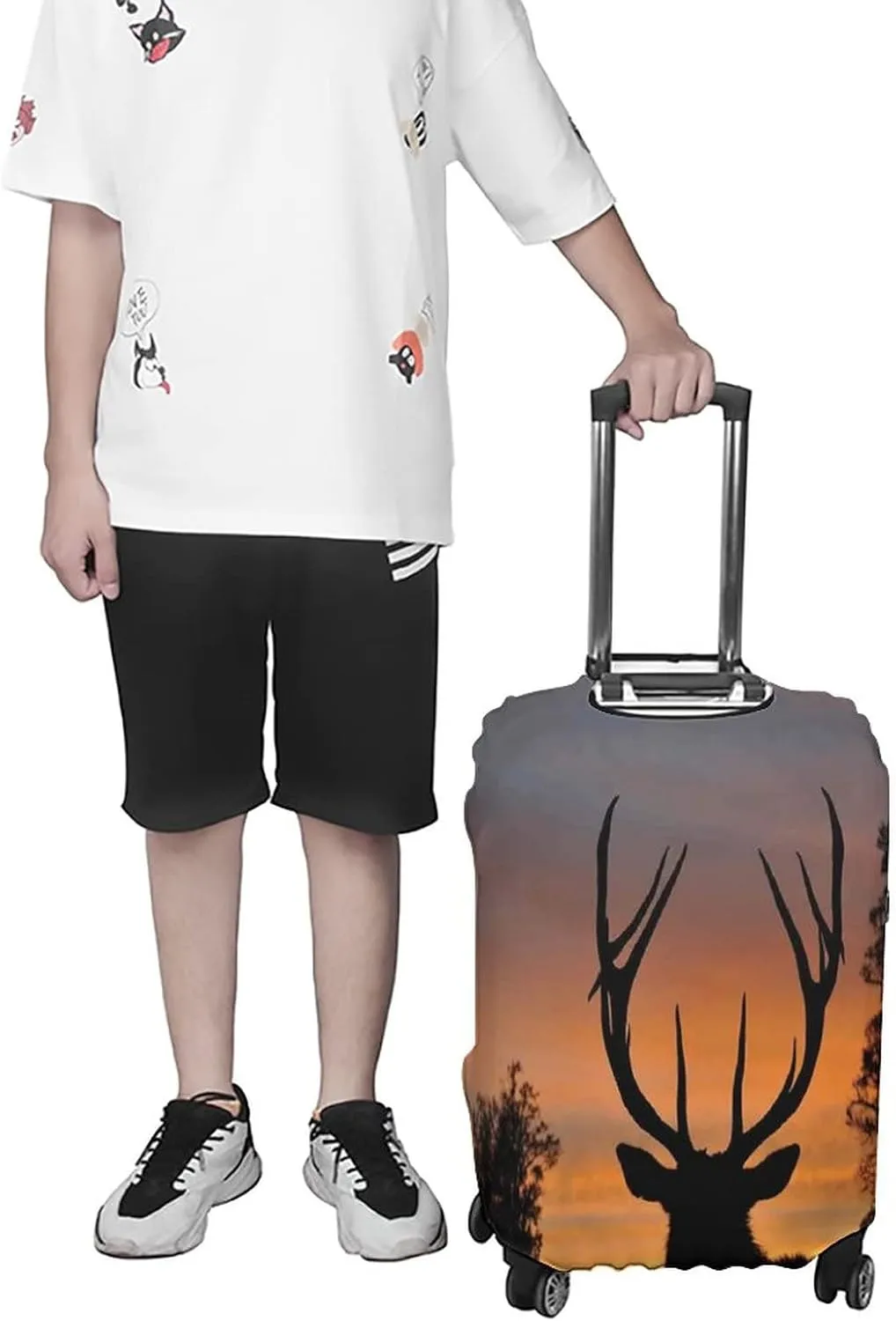 Travel Luggage Cover, Antlers Decor Luggage Cover Suitcase Protector, Black Deer Red Sky West Coast, Fits 30-32 Inch Luggage, Travel Summer Beach Holiday, Black Red