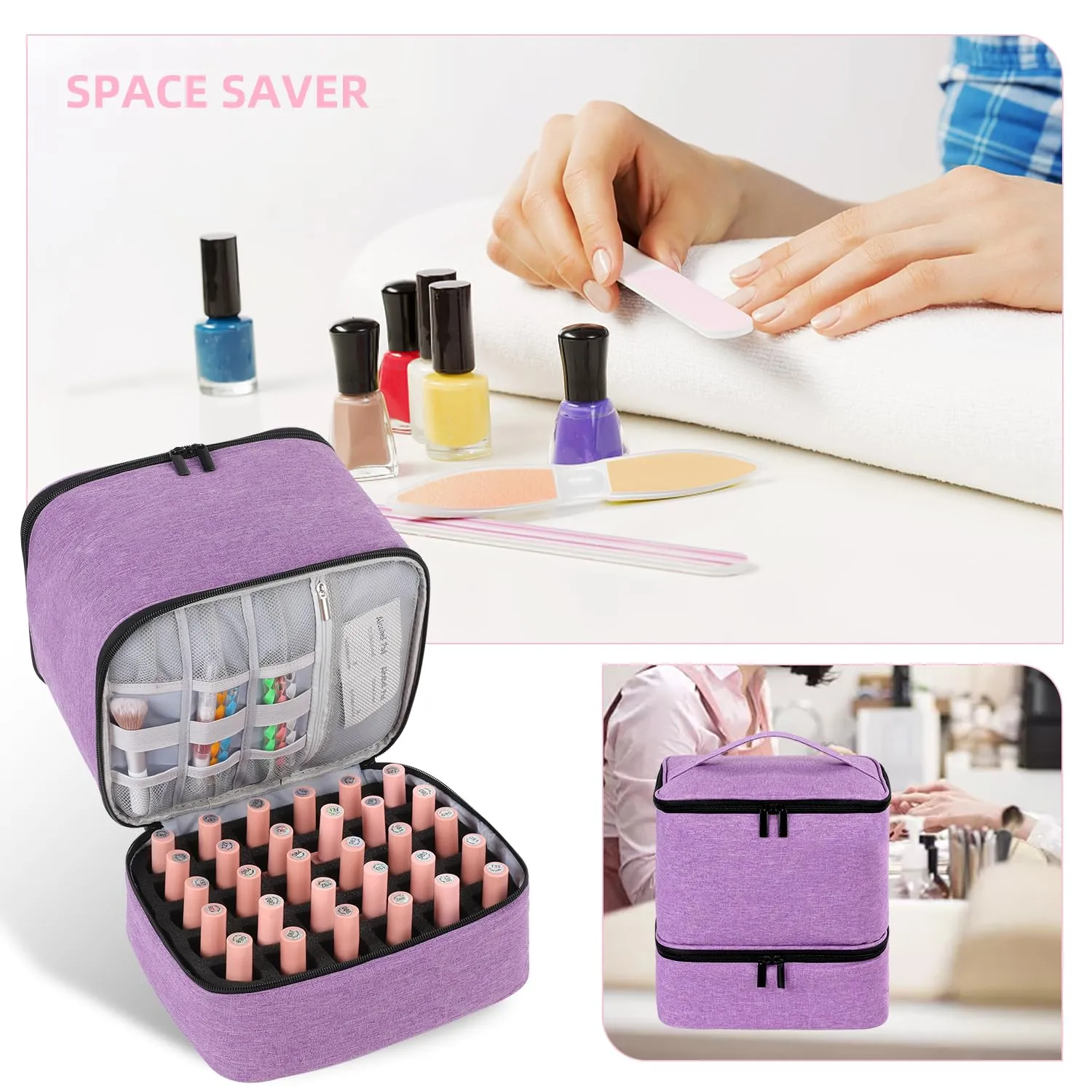 Travel Nail Polish Organizer, Holds 30 Bottles (15ml), Double-layer Nail Polish Carrying Case, Large Capacity Portable Storage Bag for Nail Varnish and Manicure Set