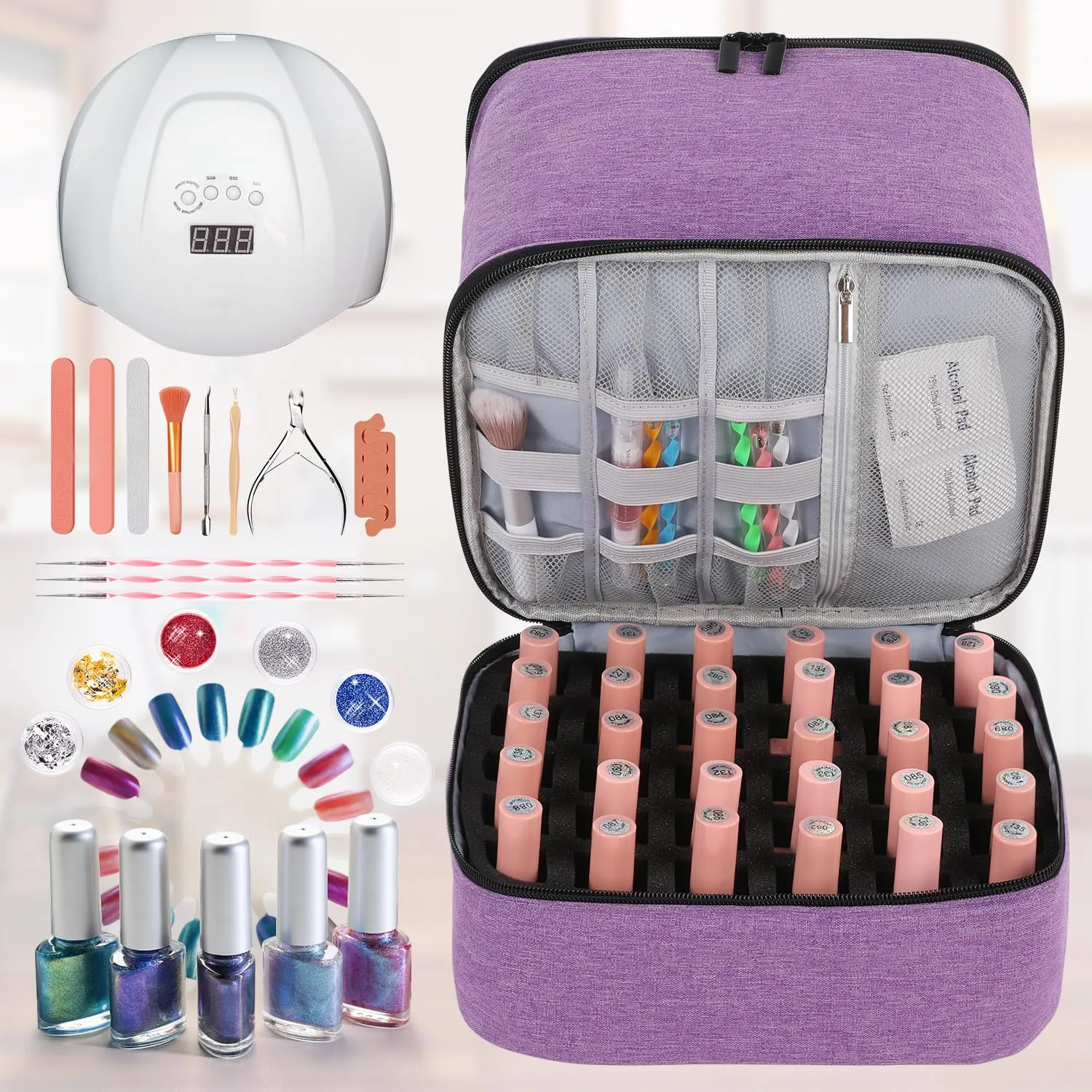 Travel Nail Polish Organizer, Holds 30 Bottles (15ml), Double-layer Nail Polish Carrying Case, Large Capacity Portable Storage Bag for Nail Varnish and Manicure Set