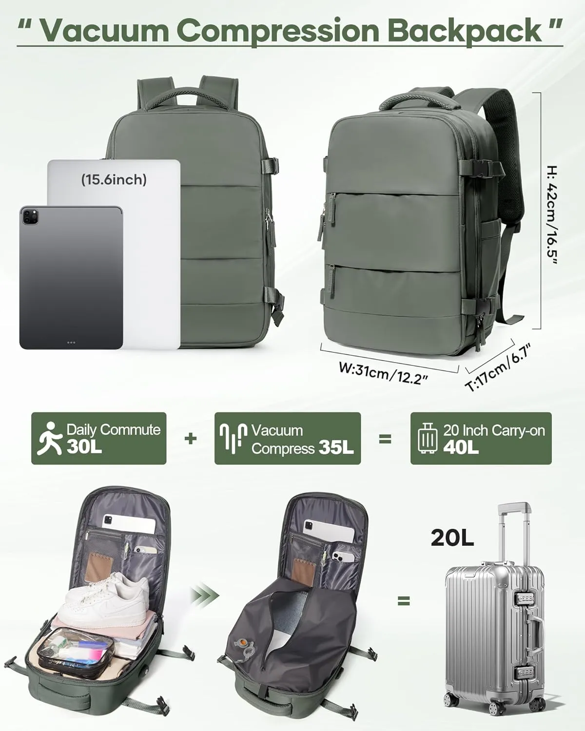 Travel Vacuum Backpack, Seal Compression Airback Vacpack with Travel Pump, Carry On Suitcase Luggage Flight Approved for Men Women Personal Item, Green