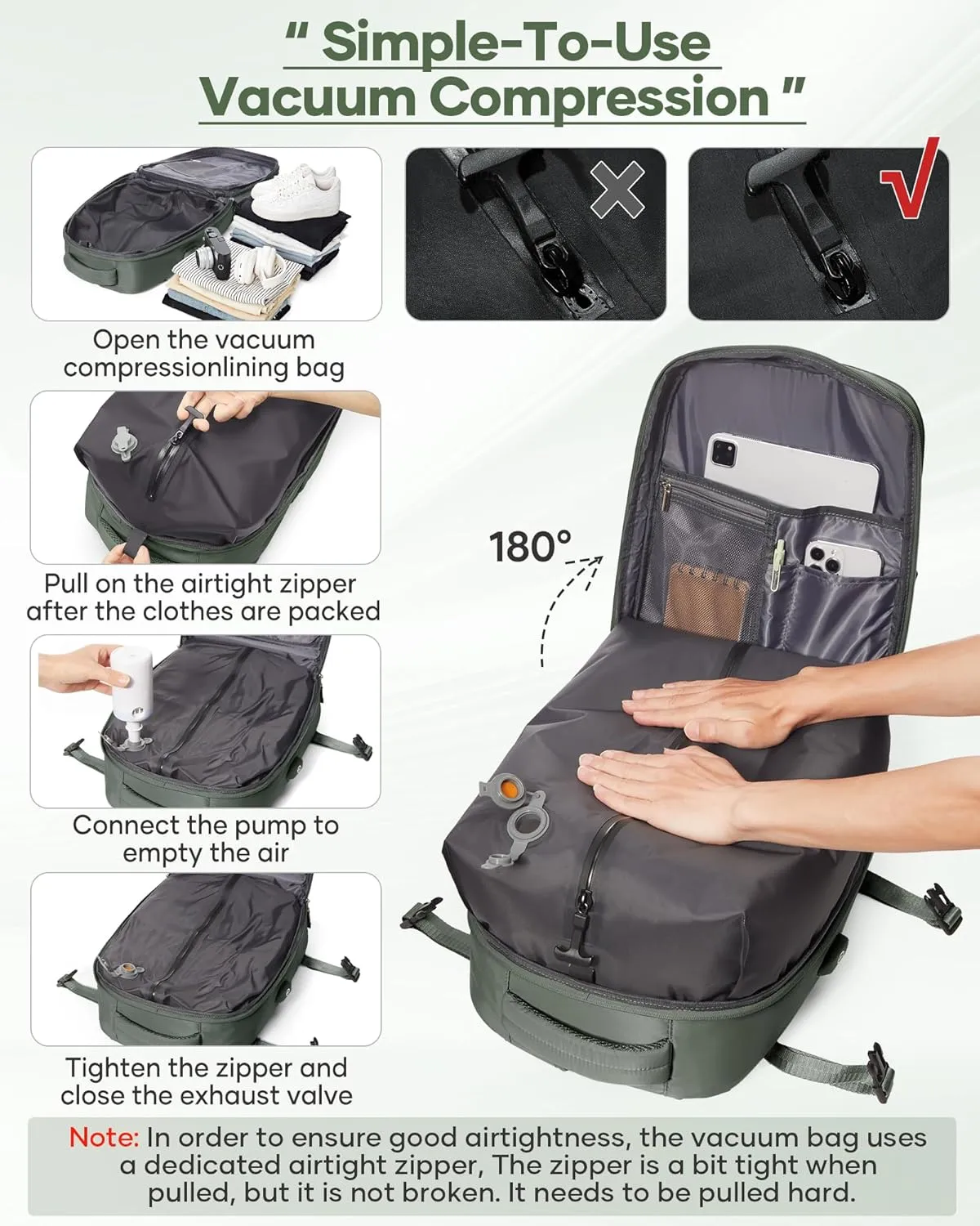 Travel Vacuum Backpack, Seal Compression Airback Vacpack with Travel Pump, Carry On Suitcase Luggage Flight Approved for Men Women Personal Item, Green