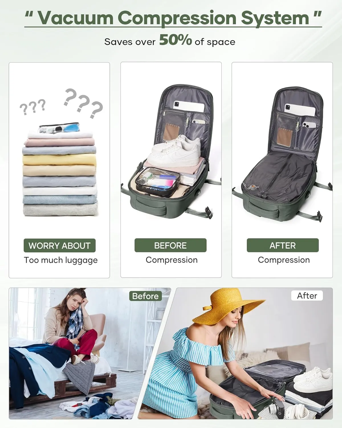 Travel Vacuum Backpack, Seal Compression Airback Vacpack with Travel Pump, Carry On Suitcase Luggage Flight Approved for Men Women Personal Item, Green