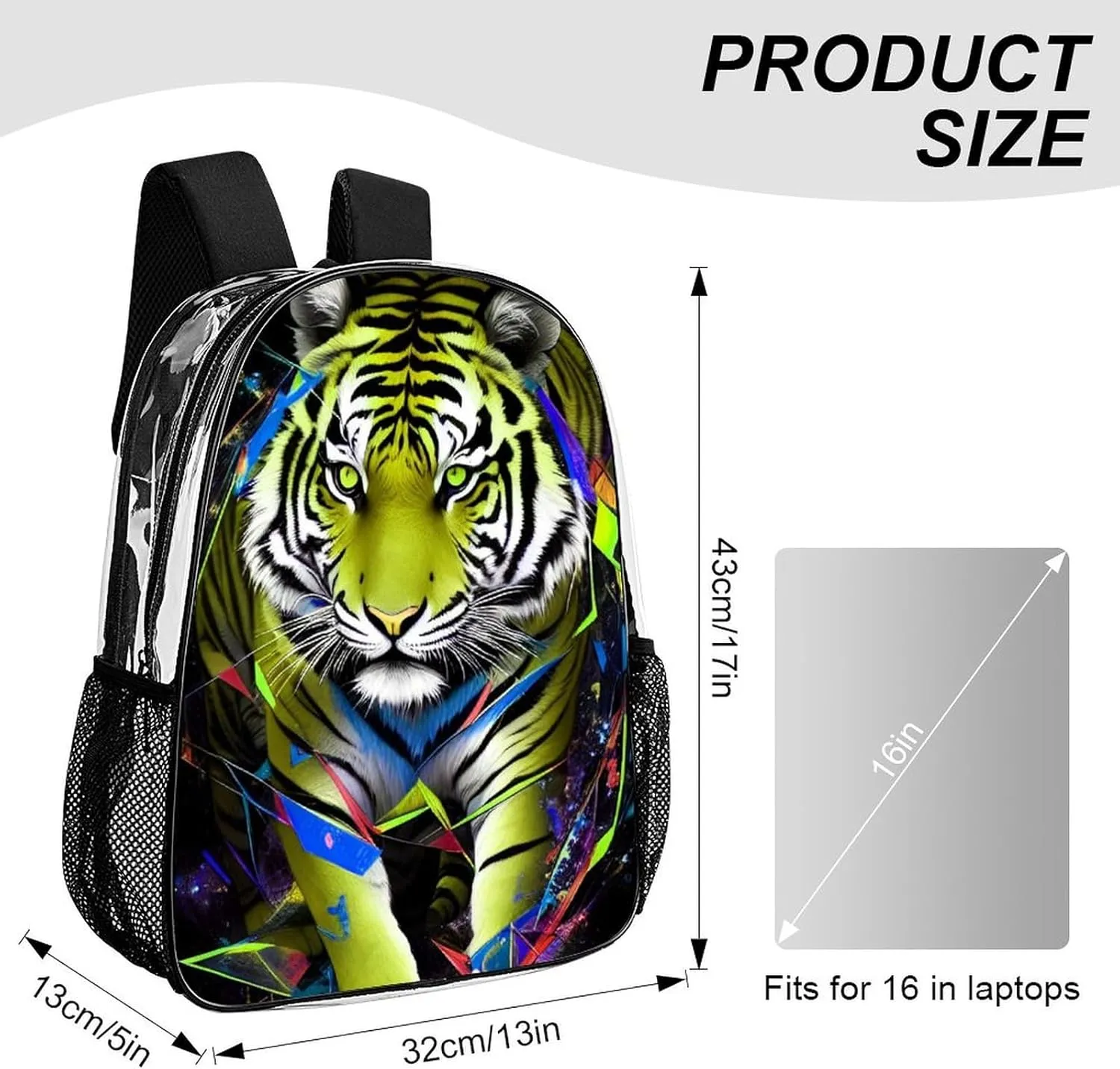 Trippy Tiger Animal Art Rucksack Transparent Anti-Theft Multipurpose Carry On Bag Large Capacity Travel and Sport Backpack Rucksack With Smooth Zippers