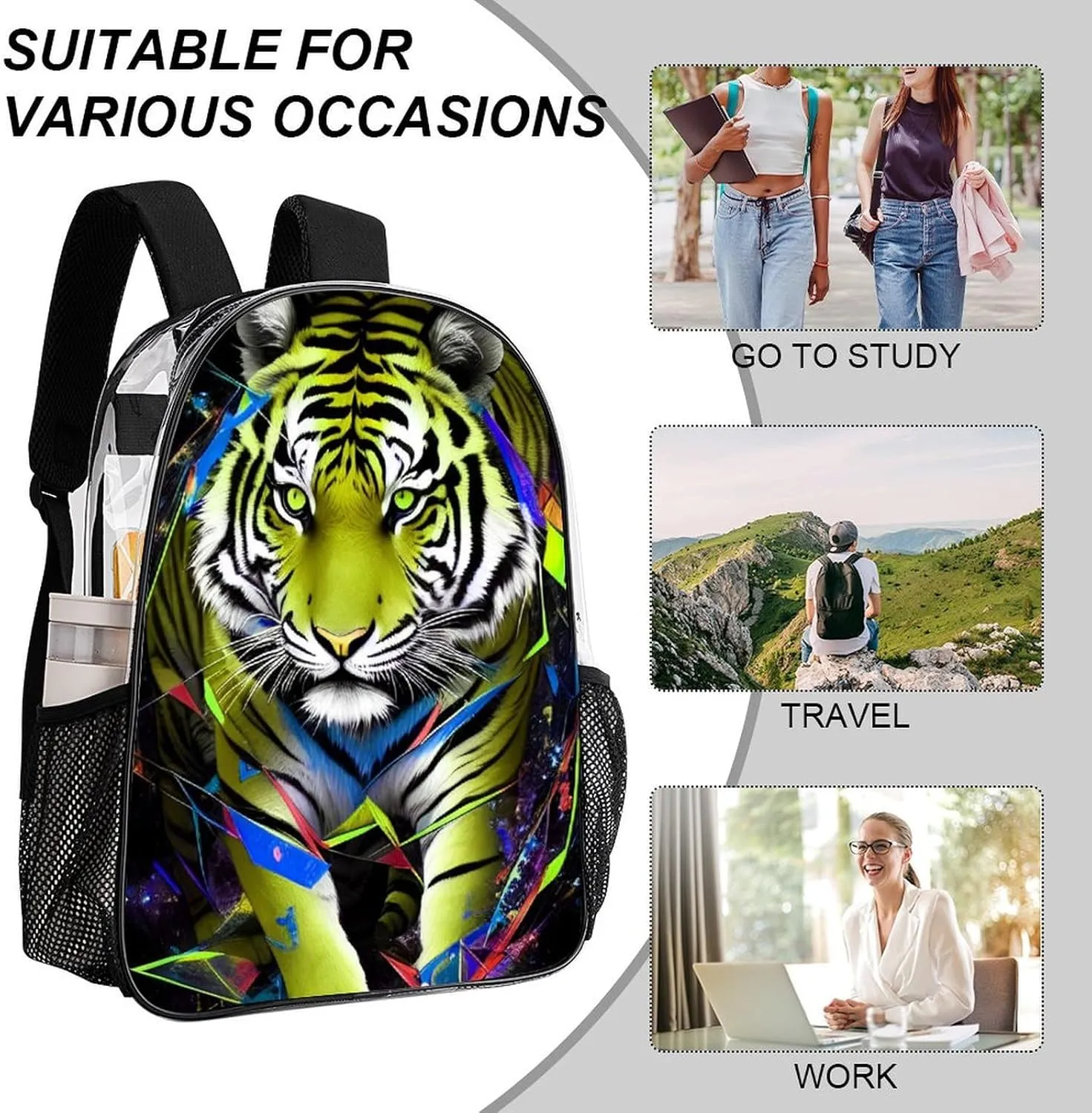 Trippy Tiger Animal Art Rucksack Transparent Anti-Theft Multipurpose Carry On Bag Large Capacity Travel and Sport Backpack Rucksack With Smooth Zippers