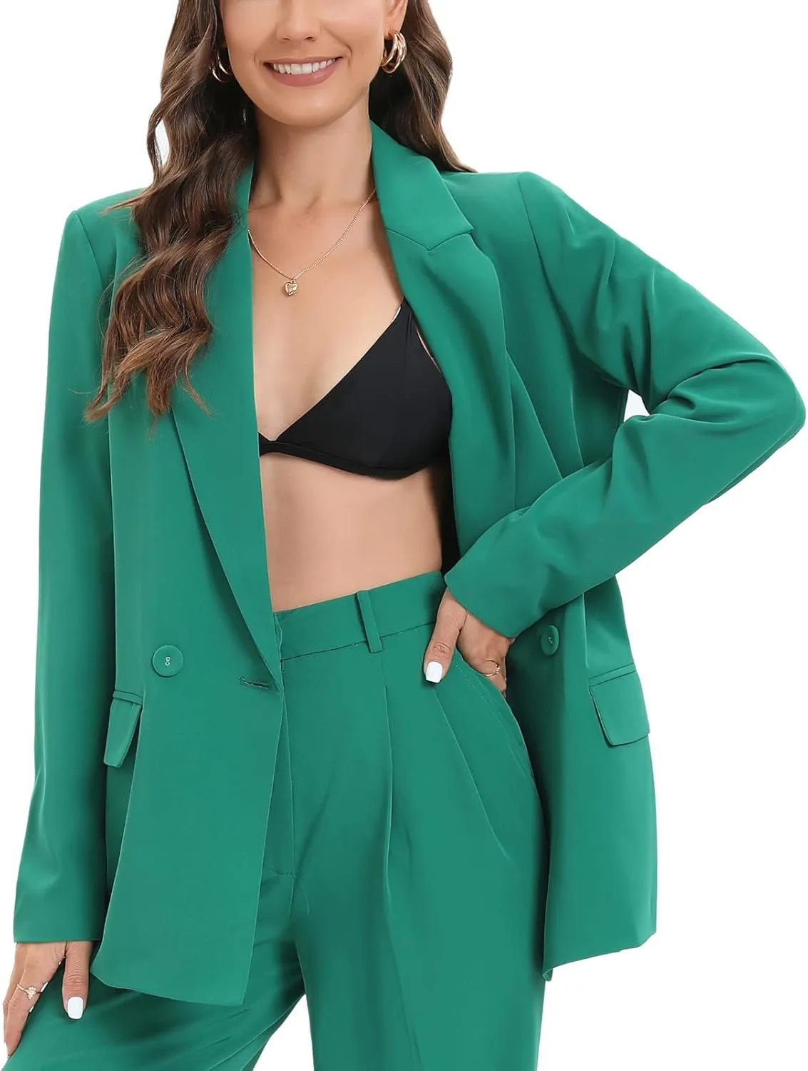 TRNY Women's Oversized Double-Breasted Suit Blazer Jacket Long Sleeve Casual Boyfriend Style Work Office Blazer with Pockets