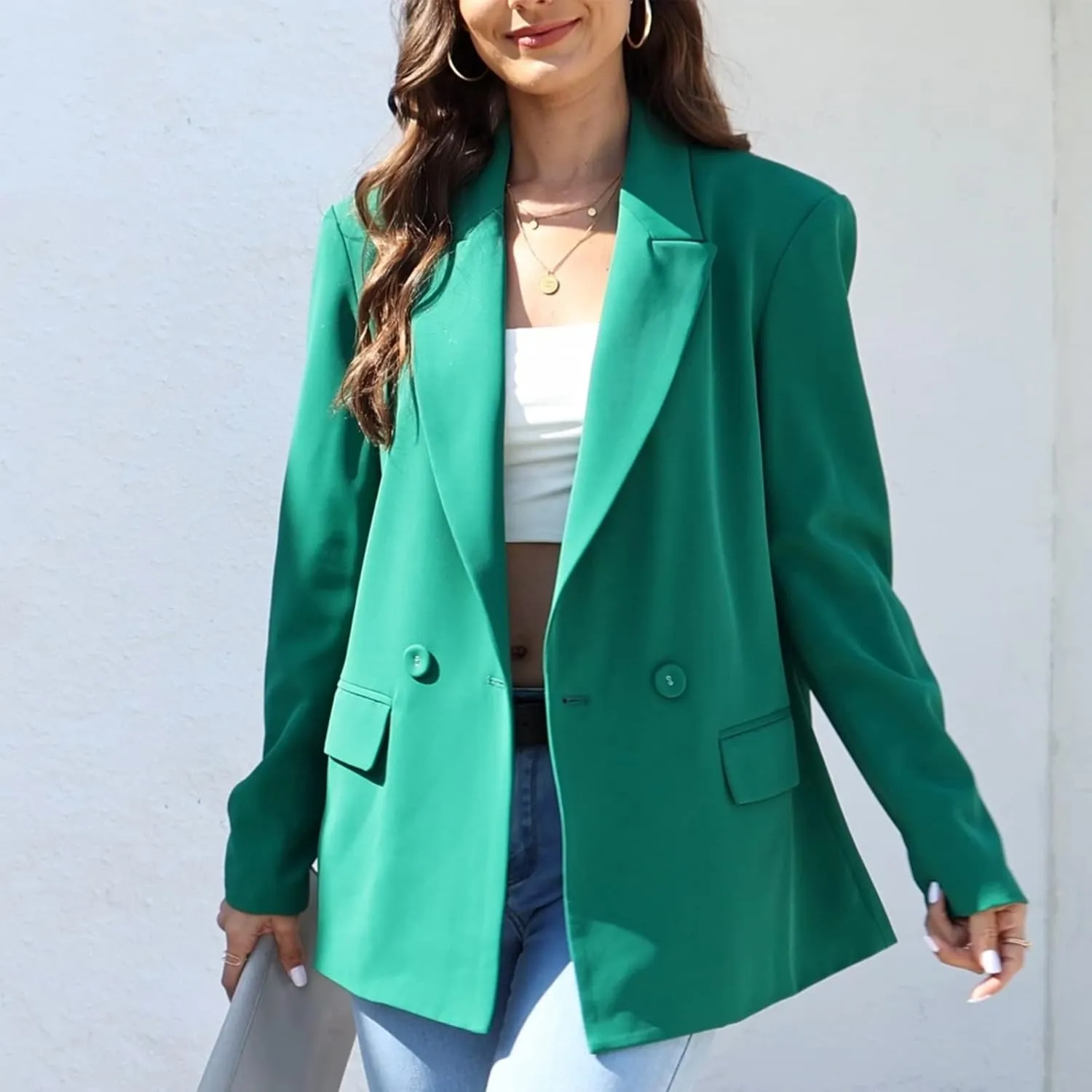 TRNY Women's Oversized Double-Breasted Suit Blazer Jacket Long Sleeve Casual Boyfriend Style Work Office Blazer with Pockets