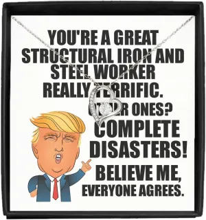 Trump Structural Iron And Steel Worker Necklace Pendant Funny Gift For Coworker Gag Great President Fan Potus Quote Office Joke Jewelry With Chain Message Card Box