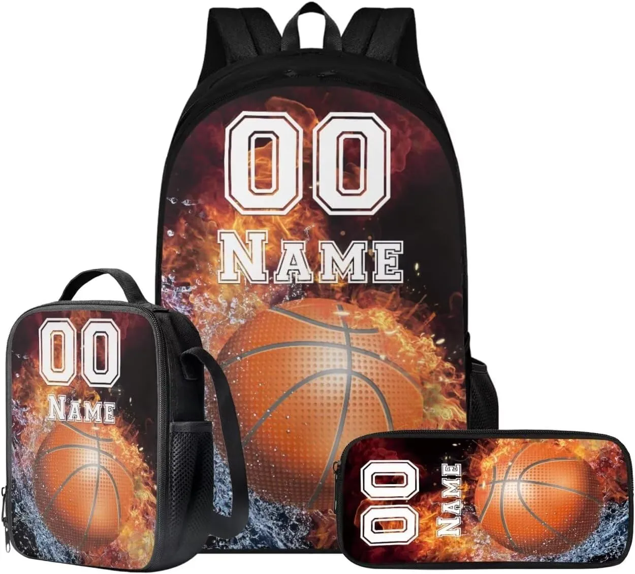 Tuoxiukan Custom Basketball Backpack for Boys Personalized Kids Backpack with Lunch Box Pencil Case Set of 3,17 Inch Schoolbag Insulated Lunchbag Stationery Pencil Bag Fire Water Design