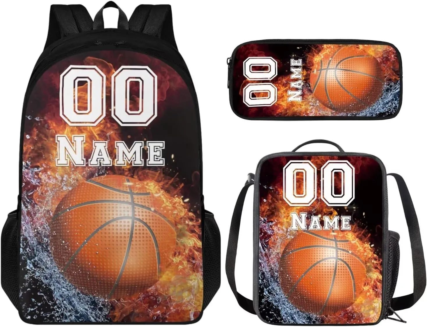 Tuoxiukan Custom Basketball Backpack for Boys Personalized Kids Backpack with Lunch Box Pencil Case Set of 3,17 Inch Schoolbag Insulated Lunchbag Stationery Pencil Bag Fire Water Design