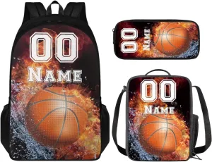 Tuoxiukan Custom Basketball Backpack for Boys Personalized Kids Backpack with Lunch Box Pencil Case Set of 3,17 Inch Schoolbag Insulated Lunchbag Stationery Pencil Bag Fire Water Design