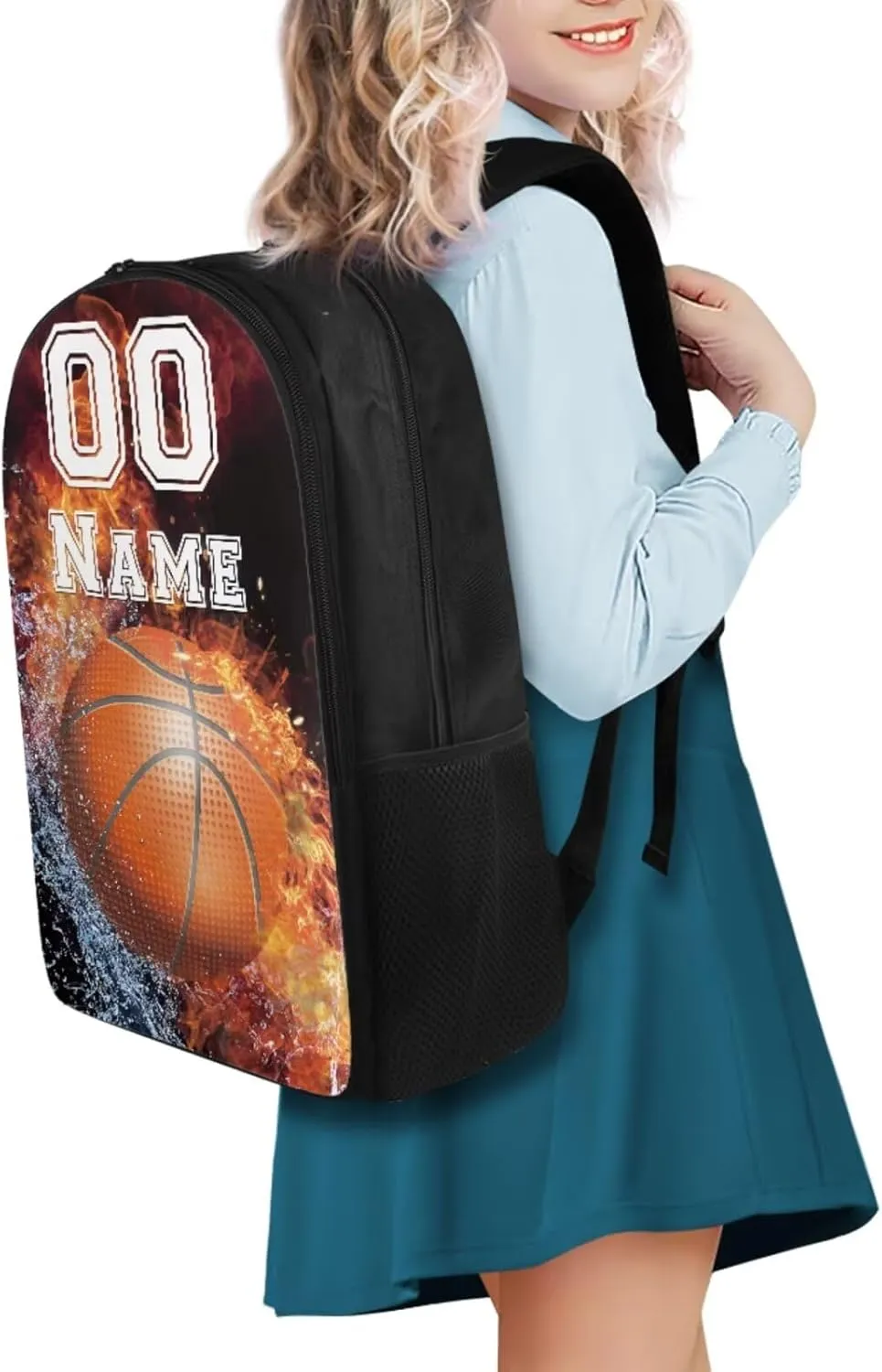 Tuoxiukan Custom Basketball Backpack for Boys Personalized Kids Backpack with Lunch Box Pencil Case Set of 3,17 Inch Schoolbag Insulated Lunchbag Stationery Pencil Bag Fire Water Design