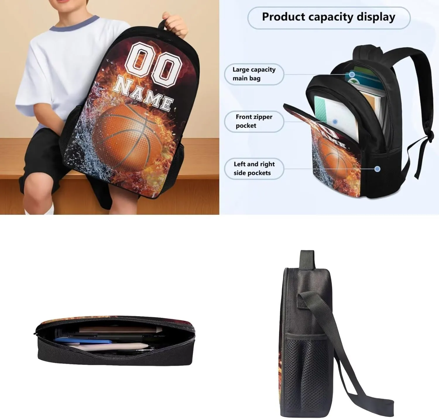 Tuoxiukan Custom Basketball Backpack for Boys Personalized Kids Backpack with Lunch Box Pencil Case Set of 3,17 Inch Schoolbag Insulated Lunchbag Stationery Pencil Bag Fire Water Design