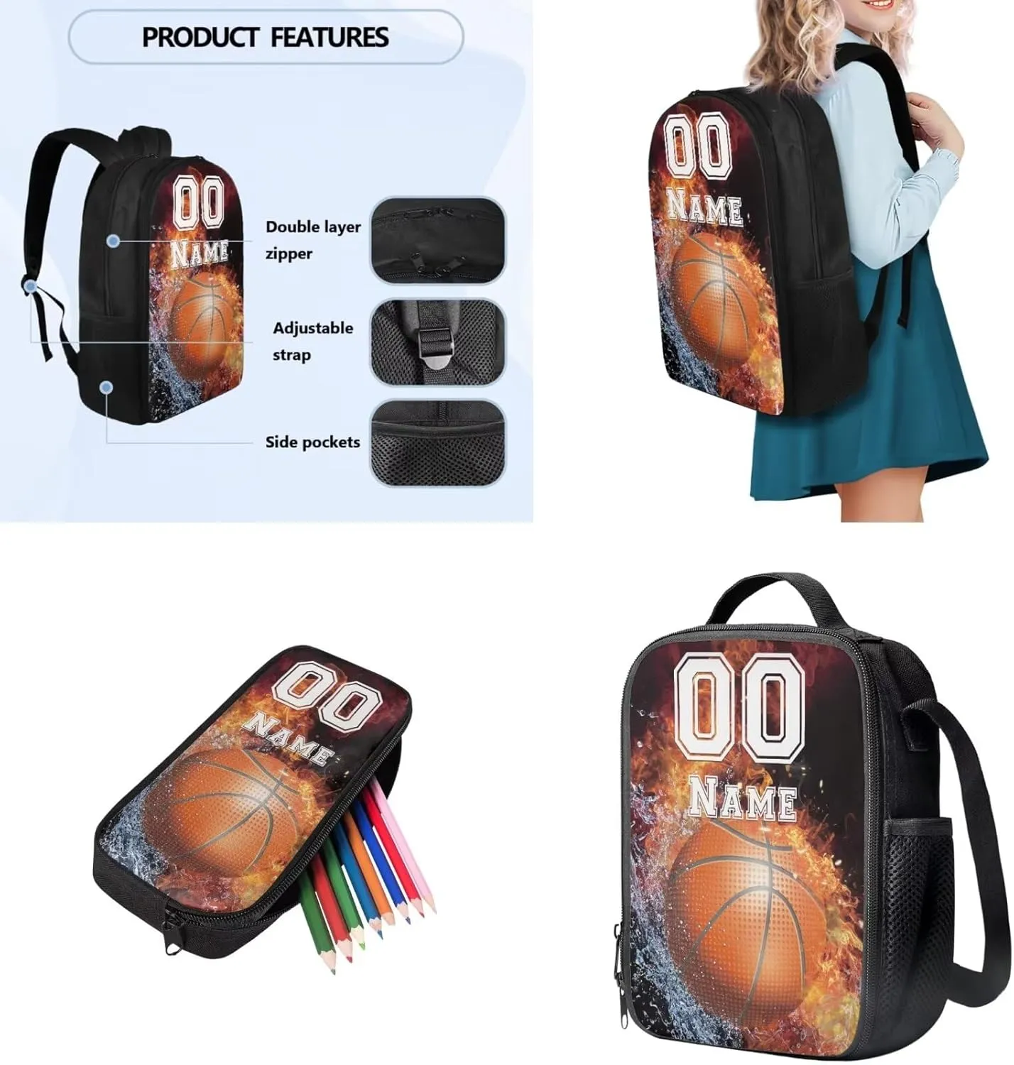 Tuoxiukan Custom Basketball Backpack for Boys Personalized Kids Backpack with Lunch Box Pencil Case Set of 3,17 Inch Schoolbag Insulated Lunchbag Stationery Pencil Bag Fire Water Design