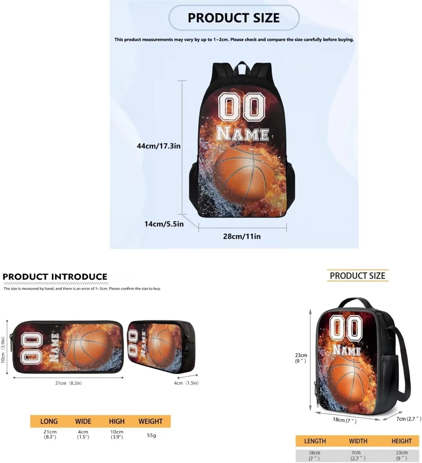 Tuoxiukan Custom Basketball Backpack for Boys Personalized Kids Backpack with Lunch Box Pencil Case Set of 3,17 Inch Schoolbag Insulated Lunchbag Stationery Pencil Bag Fire Water Design