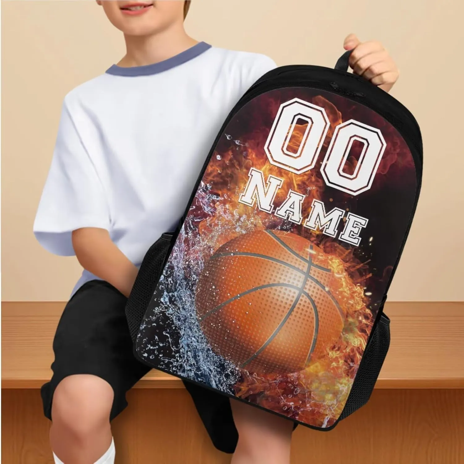 Tuoxiukan Custom Basketball Backpack for Boys Personalized Kids Backpack with Lunch Box Pencil Case Set of 3,17 Inch Schoolbag Insulated Lunchbag Stationery Pencil Bag Fire Water Design