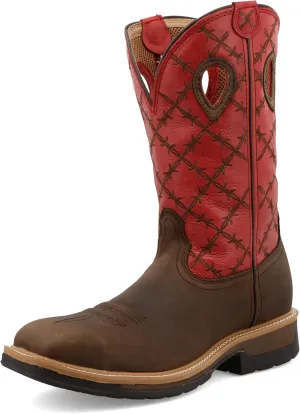 Twisted X Men's 12" Western Work Boot, Square Toe Alloy Toe, Brown & Flash Red, 9 D