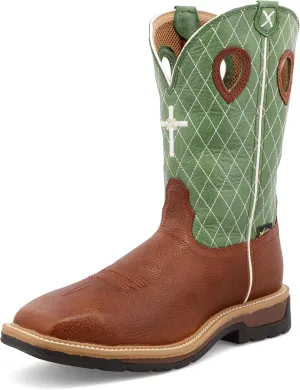 Twisted X Men's 12" Western Work Boot, Square Toe Steel Toe, Cognac Glazed Pebble & Lime - w/Metgaurd, 10 EE